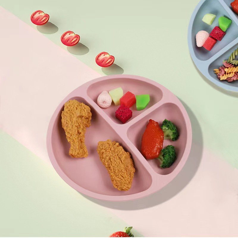 Khuôn mặt tươi cười Silicone trượt cơ sở, 3 ngăn cho trẻ sơ sinh và trẻ nhỏ ăn khay，Bộ Đĩa Muỗng Nĩa Silicone Cao Cấp Cho Bé