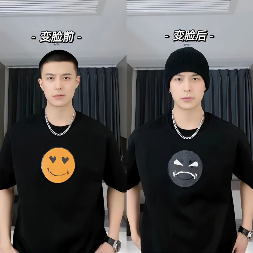 Áo Thun Cotton Tay Ngắn Dáng Rộng Cỡ Lớn In Hình Biểu Tượng Cảm Xúc Đính Kim Sa Lấp Lánh Thời Trang Cho Nam Và Nữ