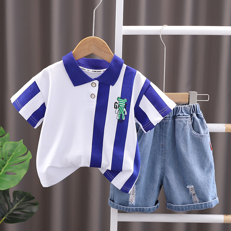 Bộ Áo Thun Cotton Cổ Bẻ In Hoạt Hình + Quần Jeans Ngắn Thời Trang Mùa Hè Cho Bé Trai / Gái 0-5 Tuổi