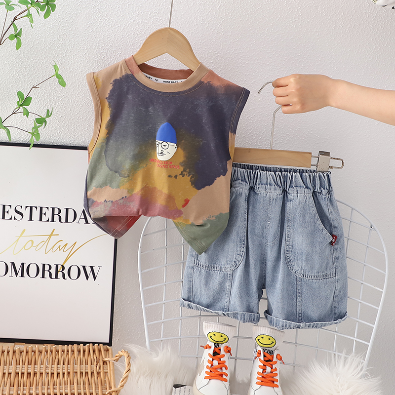 Bộ Áo Sát Nách + Quần Jeans In Họa Tiết Nhiều Màu Thời Trang Mùa Hè Cho Bé Trai