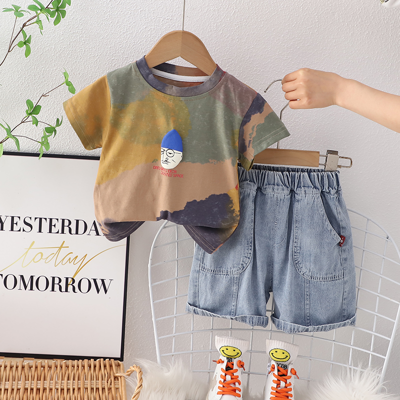 Bộ Áo Thun Cotton Tay Ngắn In Hoạt Hình Nhiều Màu + Quần short Thời Trang Mùa Hè Cho Bé