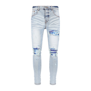 Amiri Street Fashion Men Jeans Retro Light Blue Perforated Blue Patch Button placket Design Men Hip Hop Denim Pants