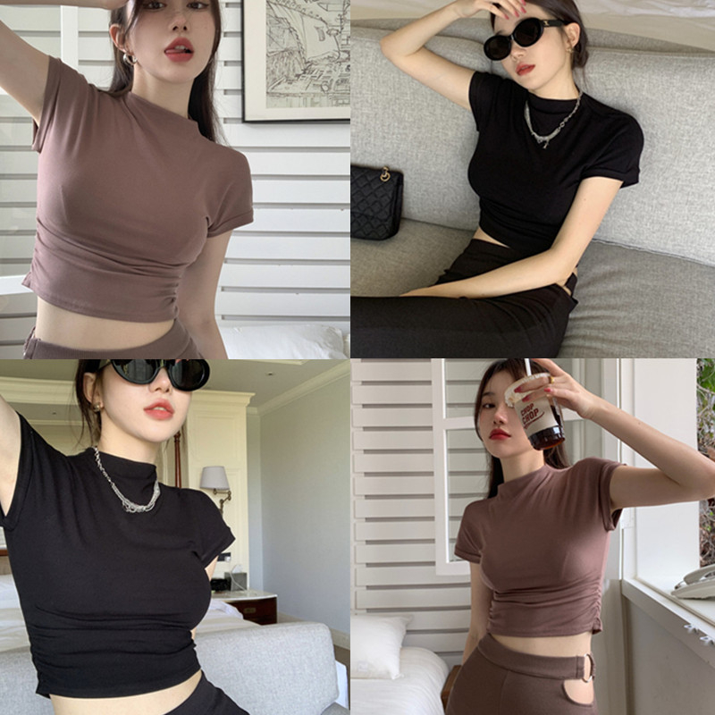 WANGJIAOZHAN Áo Croptop Tay Ngắn Cổ Cao Màu Sắc Đơn Giản Cho Nữ