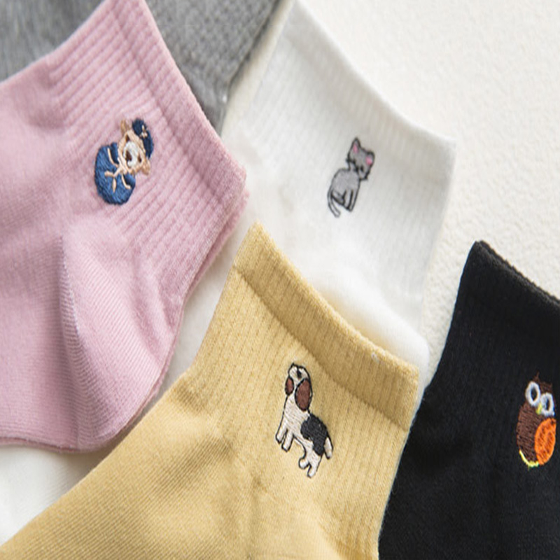 FHYL Vớ Cotton Cổ Vừa Thêu Họa Tiết Hoạt Hình Phong Cách Hàn Quốc Thời Trang Mùa Hè Cho Nữ