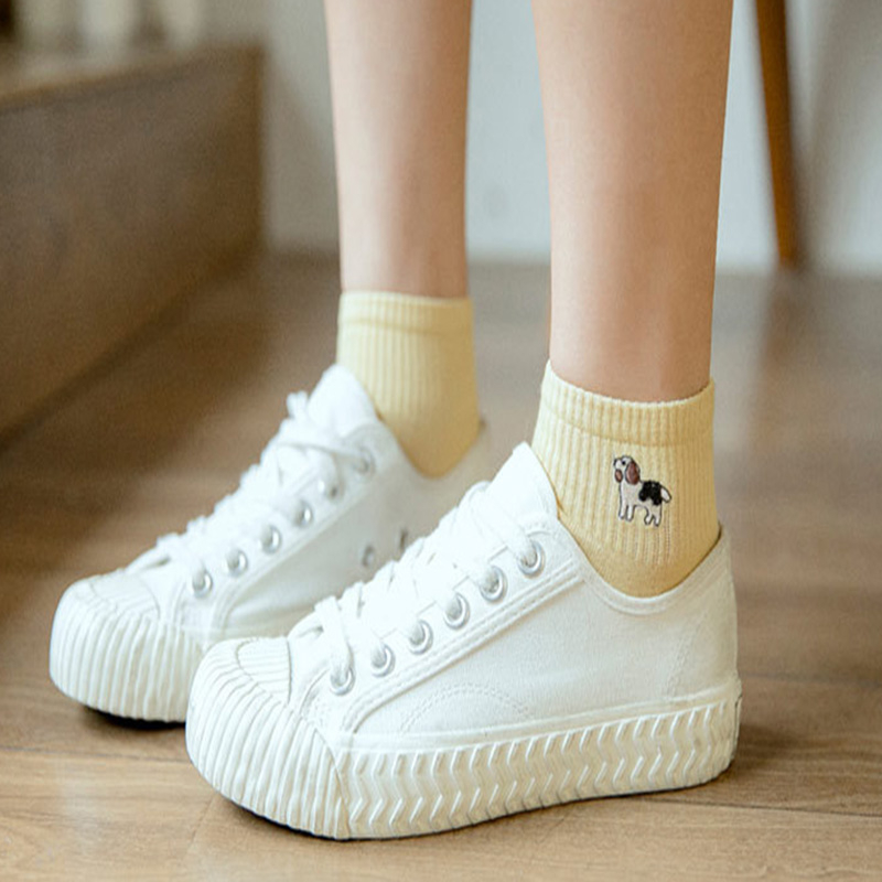 FHYL Vớ Cotton Cổ Vừa Thêu Họa Tiết Hoạt Hình Phong Cách Hàn Quốc Thời Trang Mùa Hè Cho Nữ