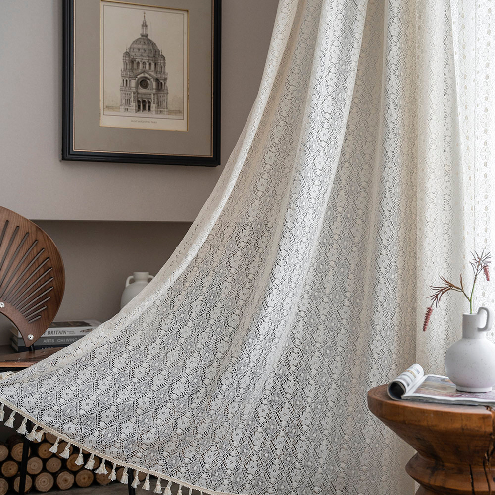 Rèm Cửa Vải Cotton Mỏng Phối Ren Và Tua Rua Họa Tiết Cỏ Bốn Lá Trang Trí Cửa Sổ