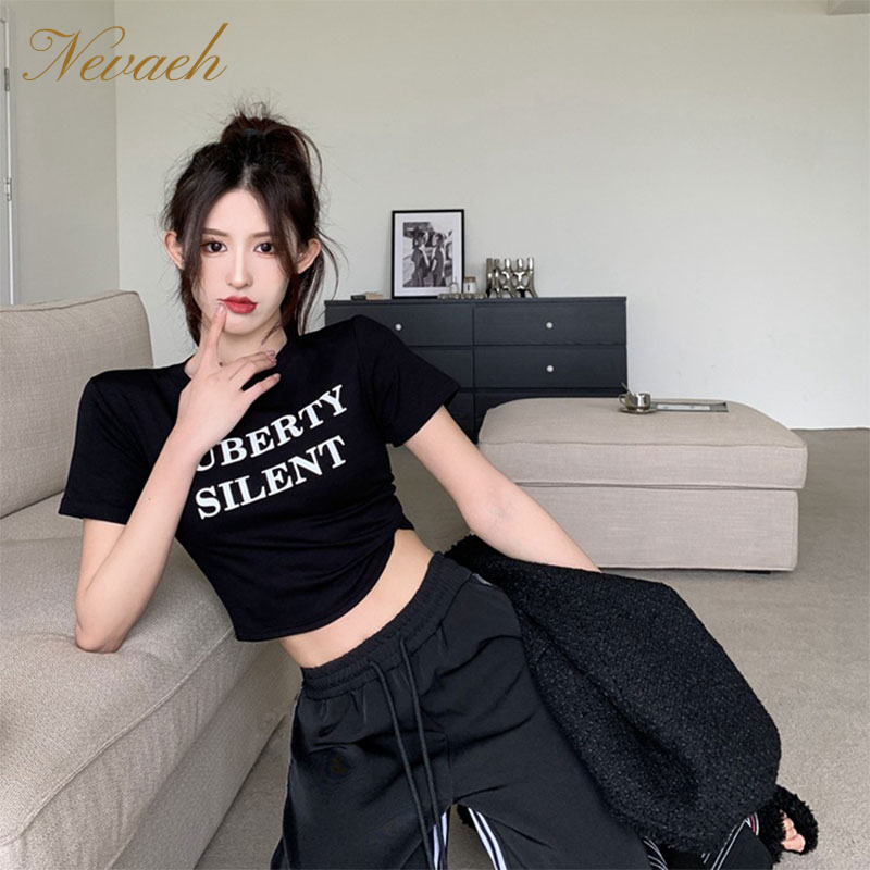 Áo Thun Lửng Ngắn Tay In Chữ Phong Cách Năng Động Trẻ Trung Dành Cho Nữ