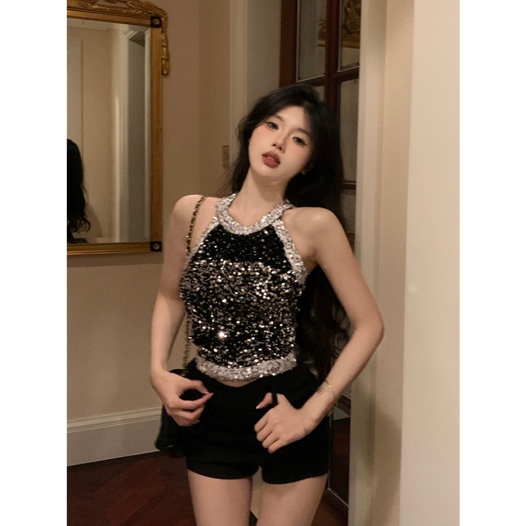 QADCOL Áo Hai Dây Đính Kim Sa Màu Đen Chất Lượng Cao Thời Trang Mùa Hè Cho Nữ