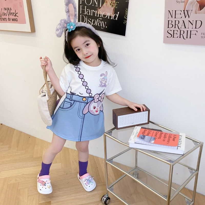 Áo Thun Ngắn Tay Kèm Chân Váy Dài Giả Hai Lớp Thời Trang Mùa Hè Cho Trẻ Em Gái