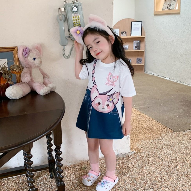 Áo Thun Ngắn Tay Kèm Chân Váy Dài Giả Hai Lớp Thời Trang Mùa Hè Cho Trẻ Em Gái