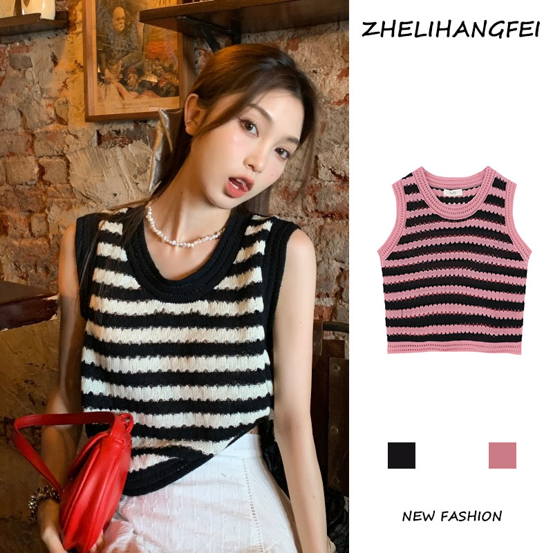 ZHELIHANGFEI Áo Hai Dây Dệt Kim Họa Tiết Kẻ Sọc Phong Cách Pháp Thời Trang Cho Nữ
