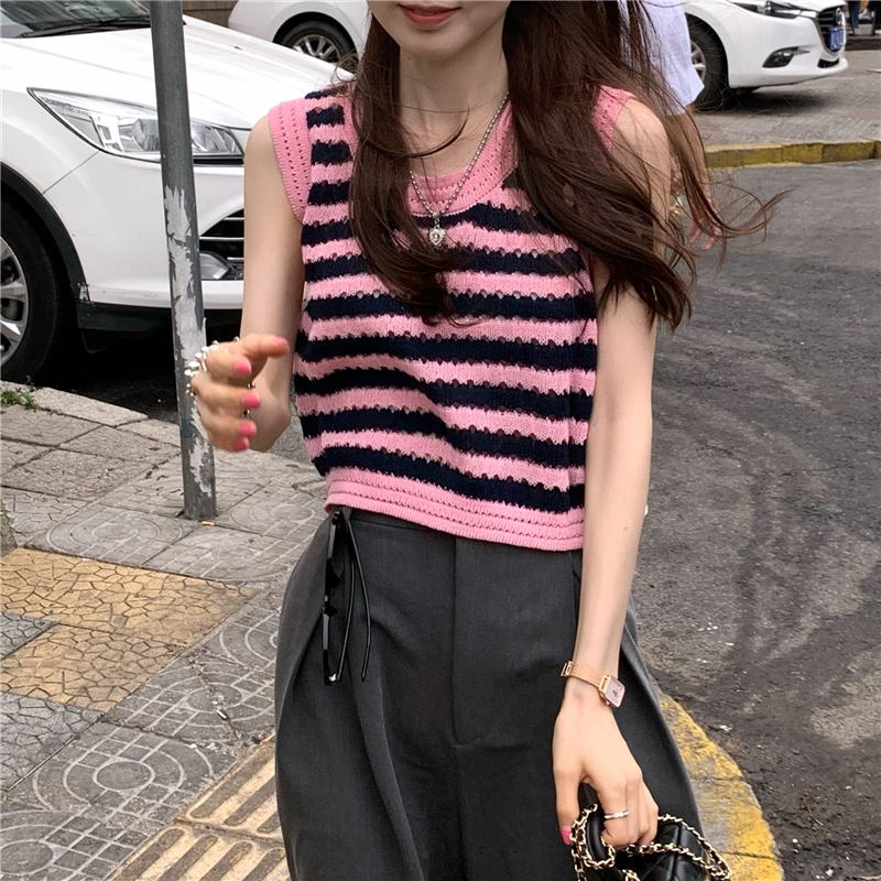 ZHELIHANGFEI Áo Hai Dây Dệt Kim Họa Tiết Kẻ Sọc Phong Cách Pháp Thời Trang Cho Nữ