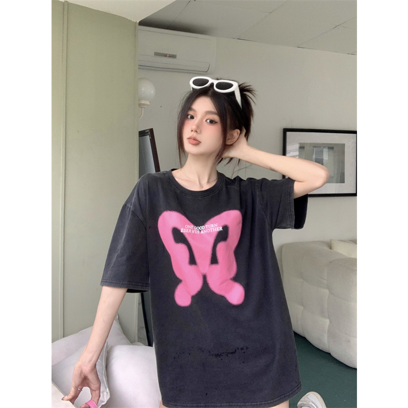 Áo Thun Tay Ngắn Dáng Rộng In Hình Bướm Phong Cách Đường Phố Mỹ Cá Tính Cho Nữ