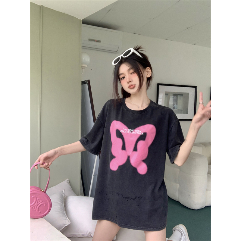 Áo Thun Tay Ngắn Dáng Rộng In Hình Bướm Phong Cách Đường Phố Mỹ Cá Tính Cho Nữ