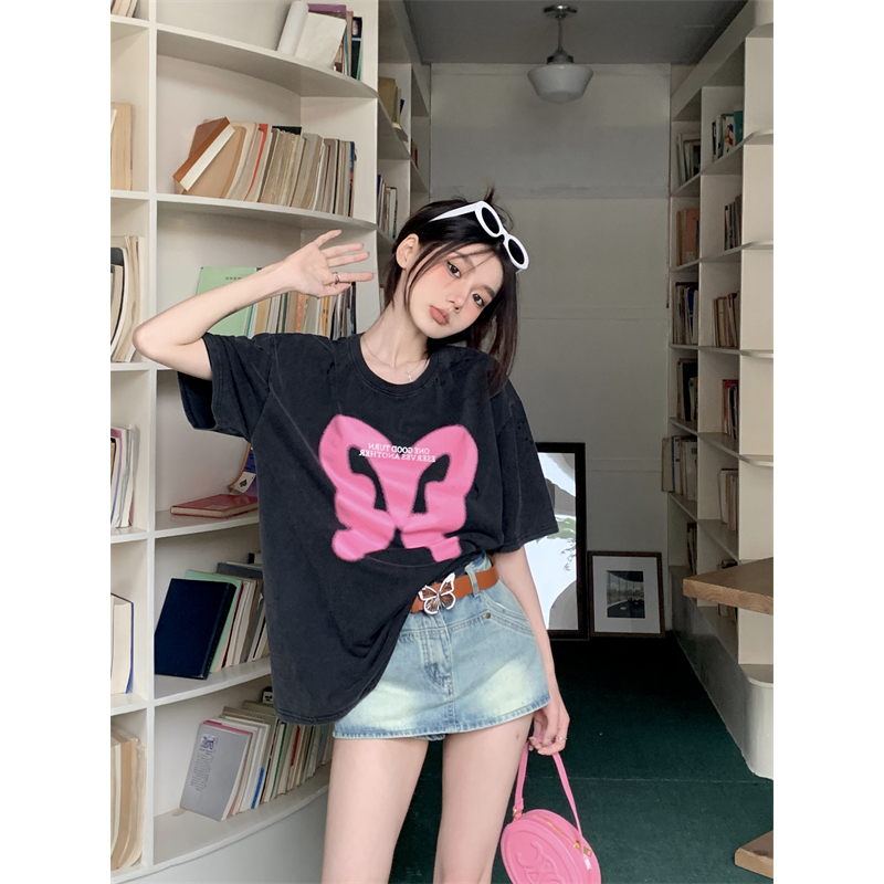 Áo Thun Tay Ngắn Dáng Rộng In Hình Bướm Phong Cách Đường Phố Mỹ Cá Tính Cho Nữ
