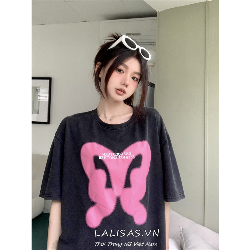 Áo Thun Tay Ngắn Dáng Rộng In Hình Bướm Phong Cách Đường Phố Mỹ Cá Tính Cho Nữ