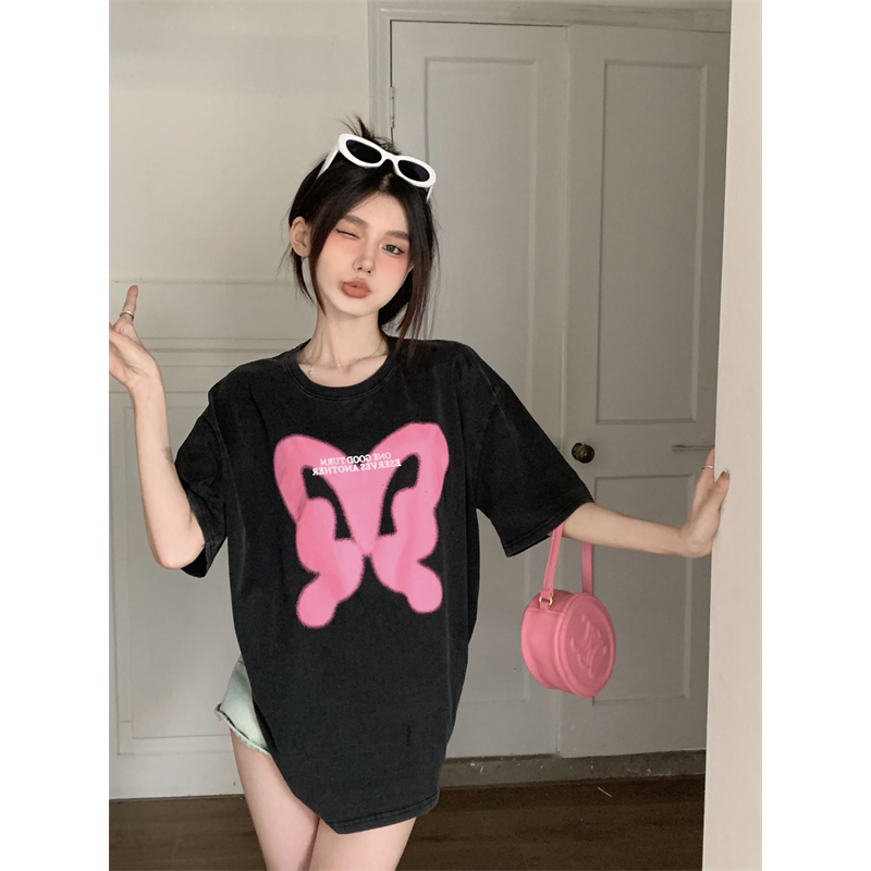 Áo Thun Tay Ngắn Dáng Rộng In Hình Bướm Phong Cách Đường Phố Mỹ Cá Tính Cho Nữ