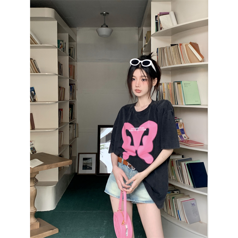 Áo Thun Tay Ngắn Dáng Rộng In Hình Bướm Phong Cách Đường Phố Mỹ Cá Tính Cho Nữ