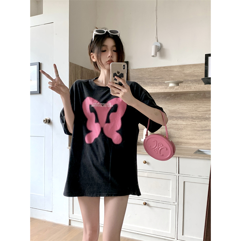 Áo Thun Tay Ngắn Dáng Rộng In Hình Bướm Phong Cách Đường Phố Mỹ Cá Tính Cho Nữ