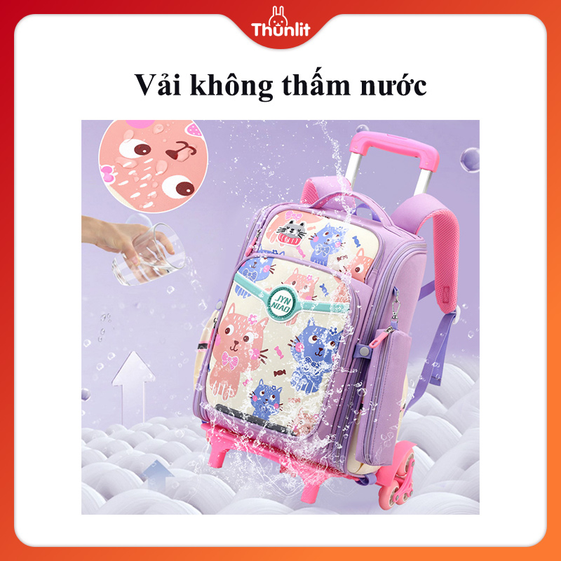 Balo kéo đi học Thunlit bảo vệ cột sống 6 bánh xe chống nước hoạt hình dễ thương cho bé tiểu học lớp 1-6
