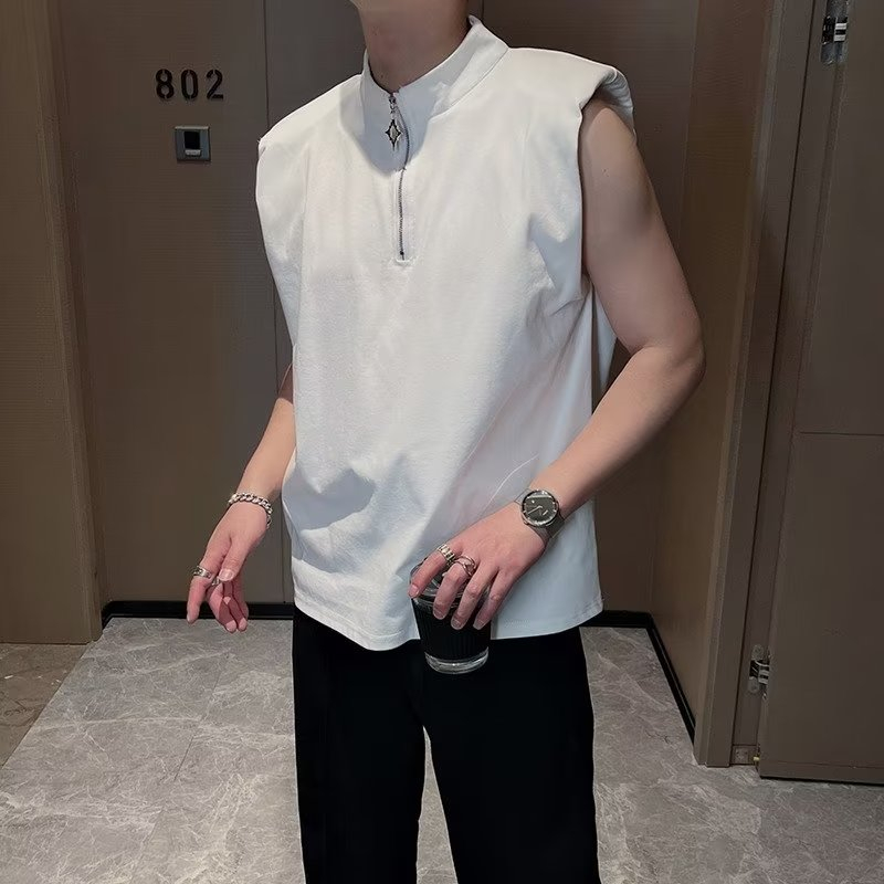 Áo Ba Lỗ Cổ Tròn Dáng Rộng Màu Trơn Phối Khóa Kéo Thời Trang Mùa Hè Trẻ Trung Cho Nam