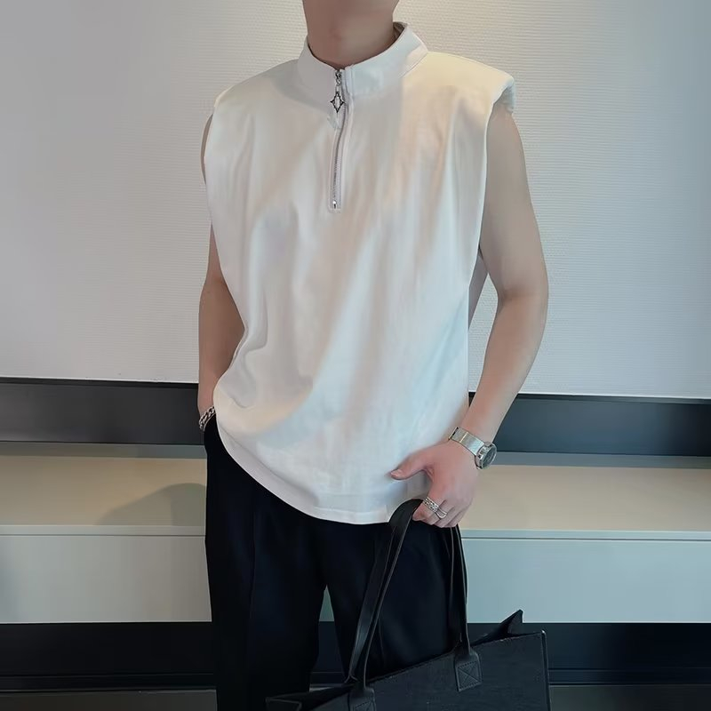 Áo Ba Lỗ Cổ Tròn Dáng Rộng Màu Trơn Phối Khóa Kéo Thời Trang Mùa Hè Trẻ Trung Cho Nam