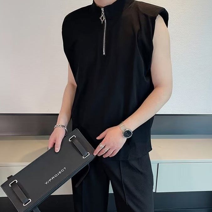 Áo Ba Lỗ Cổ Tròn Dáng Rộng Màu Trơn Phối Khóa Kéo Thời Trang Mùa Hè Trẻ Trung Cho Nam