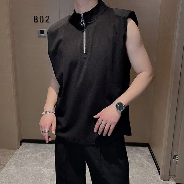 Áo Ba Lỗ Cổ Tròn Dáng Rộng Màu Trơn Phối Khóa Kéo Thời Trang Mùa Hè Trẻ Trung Cho Nam