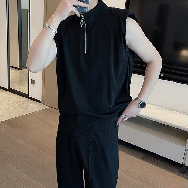 Áo Ba Lỗ Cổ Tròn Dáng Rộng Màu Trơn Phối Khóa Kéo Thời Trang Mùa Hè Trẻ Trung Cho Nam