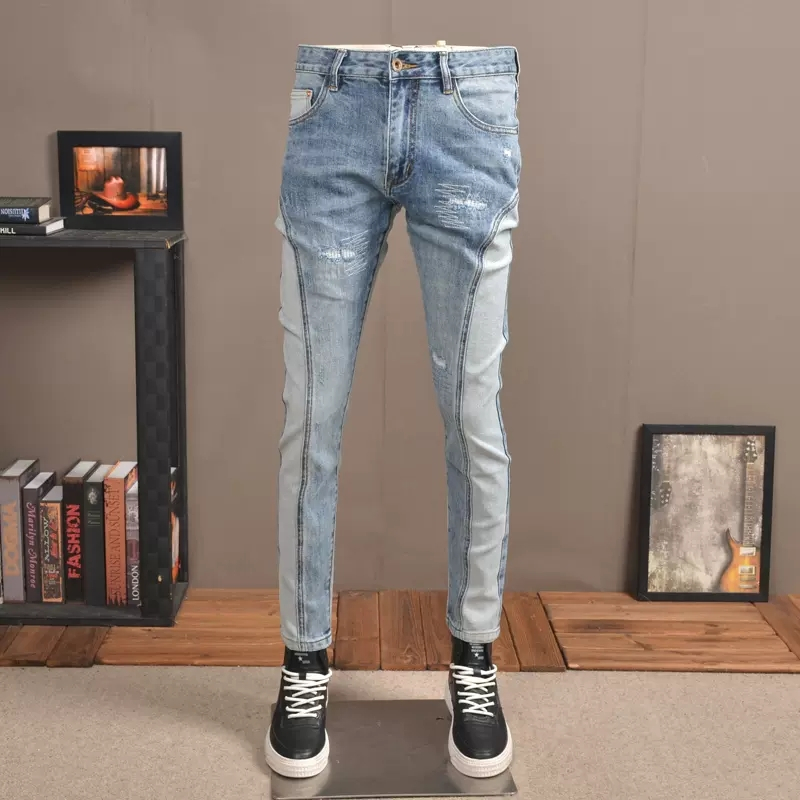 Street Fashion Men Jeans Light Blue Retro Slim Fit Elastic Splice Men Hip Hop Brand Denim Pants