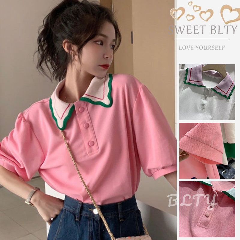 BLTY Áo Thun Ngắn Tay Cổ Búp Bê Dáng Rộng Che Bụng Thời Trang Cho Nữ