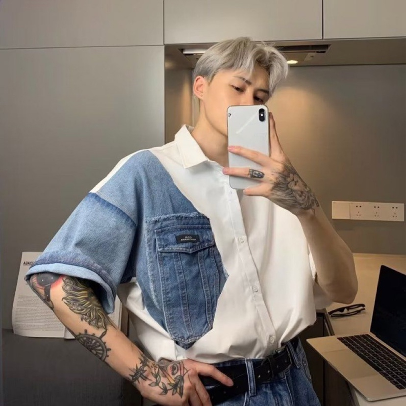 ASRV Áo Sơ Mi Denim Tay Ngắn Dáng Rộng Thời Trang Dành Cho Nam Giới