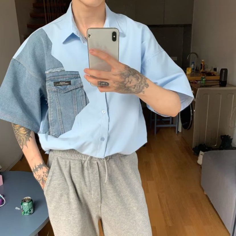 ASRV Áo Sơ Mi Denim Tay Ngắn Dáng Rộng Thời Trang Dành Cho Nam Giới
