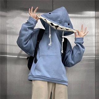 Áo hoodie Nhung Tay Dài Dáng Rộng In Hình Cá Mập Vui Nhộn Thời Trang 2023 Cho Nam Sinh