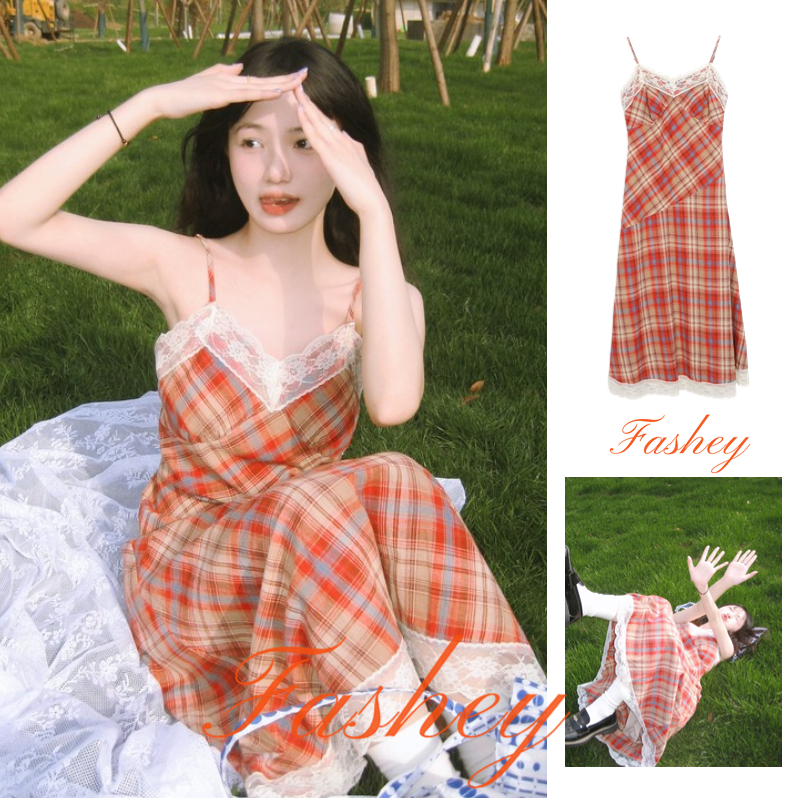 Fashey Đầm Midi Không Tay Dáng Rộng Họa Tiết Kẻ Sọc Caro Phong Cách Hàn Quốc Thời Trang Mùa Hè 2023 Cho Nữ