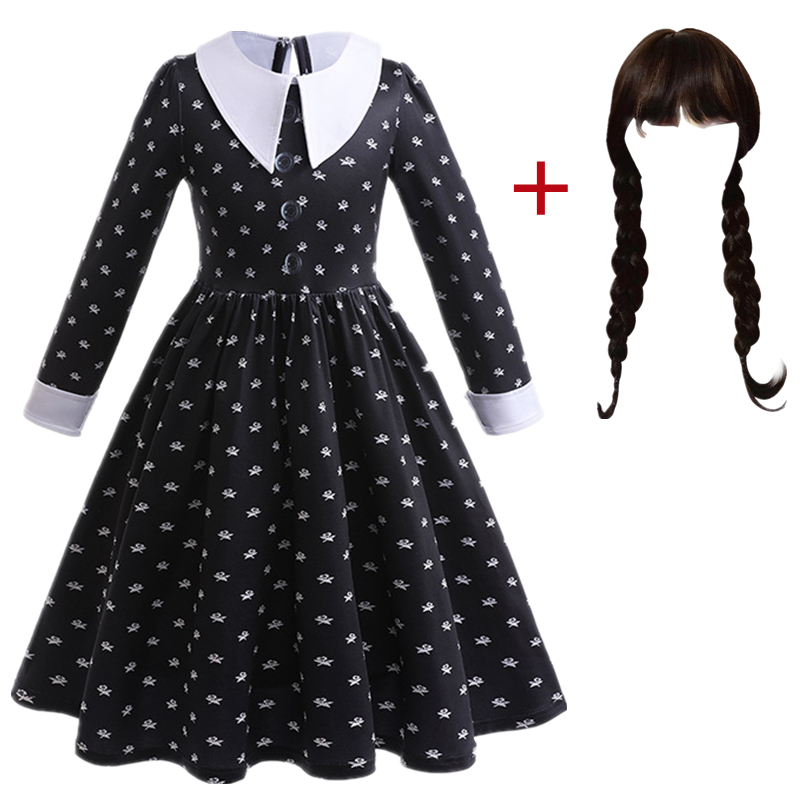 Đầm Hóa Trang Nhân Vật Adams Màu Đen Chấm Bi Tay Dài Cho Bé Gái