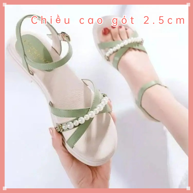 Dép Sandal Gót Vừa Hở Ngón Đính Ngọc Trai Có Quai Cài Khóa Phong Cách Cổ Tích Cho Nữ