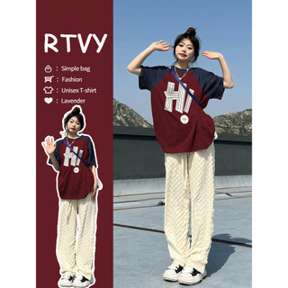 【RTVY】Áo Thun Raglan Nữ Tay Ngắn Dáng Rộng Màu Đỏ Rượu