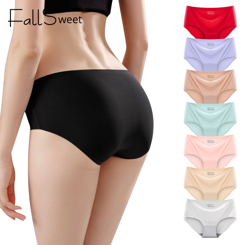 FallSweet M-2XL Quần Lót Lụa Lạnh Không Đường May Lưng Vừa Thoáng Khí Thoải Mái Cho Nữ Plus Size