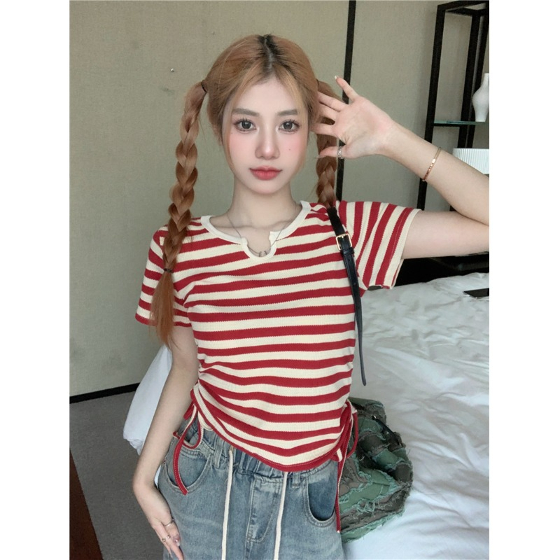 ZHELIHANGFEI Áo Sweater Dáng Ôm Lưng Cao Kẻ Sọc Phối Dây Rút Cá Tính Cho Nữ