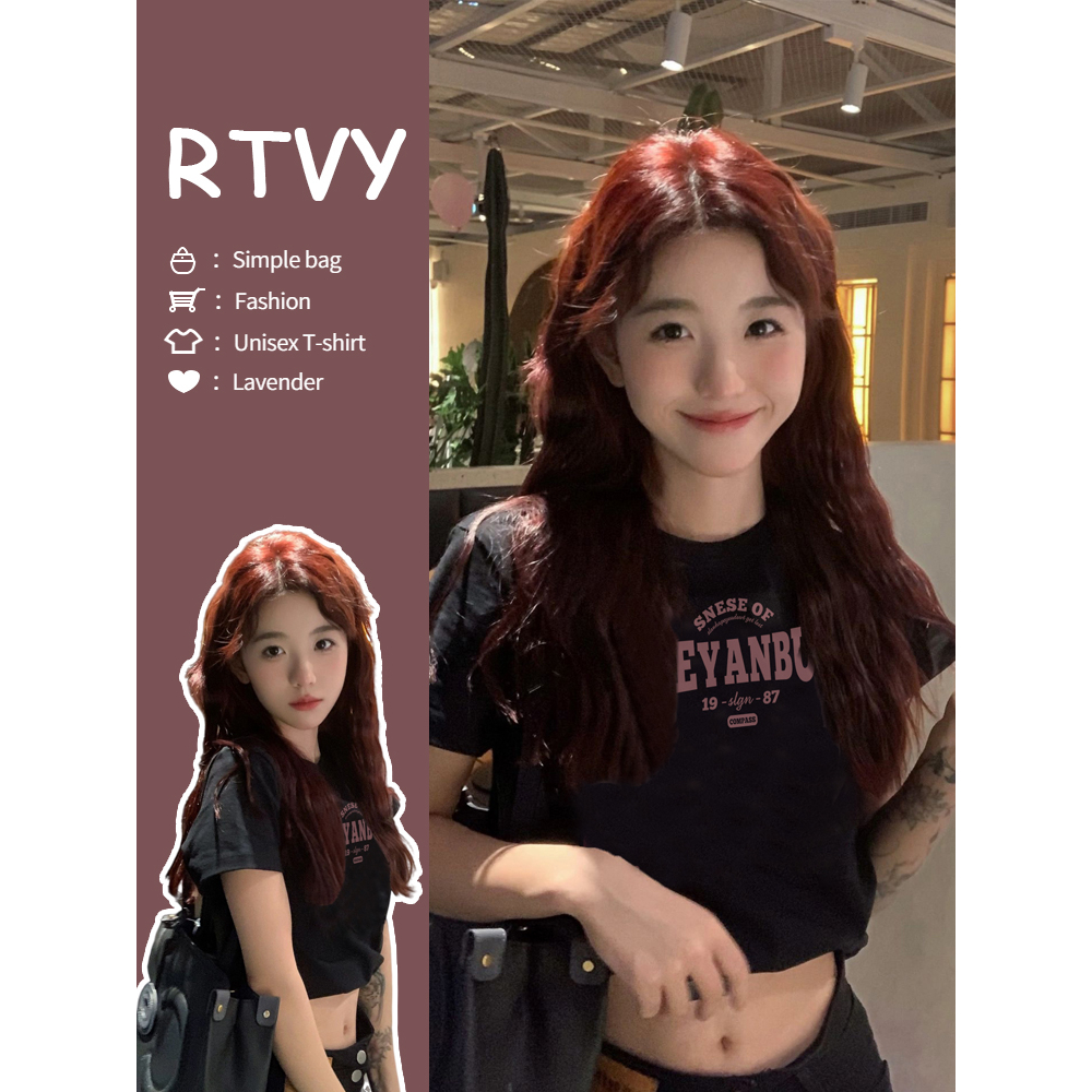 【RTVY】Áo Thun Croptop Tay Ngắn Cổ Tròn In Họa Tiết Phong Cách Mỹ Cổ Điển Thời Trang Cho Nữ y2k