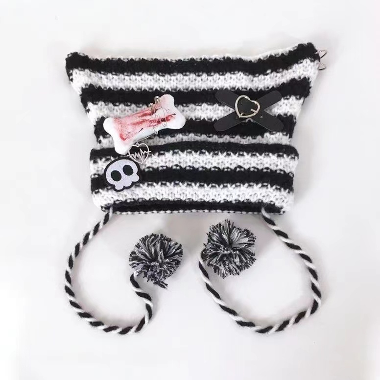 Mũ Dệt Kim Đính Quả Bông Họa Tiết Kẻ Sọc Phong Cách Harajuku Dễ Thương Thời Trang Thu Đông Cho Nữ Y2k