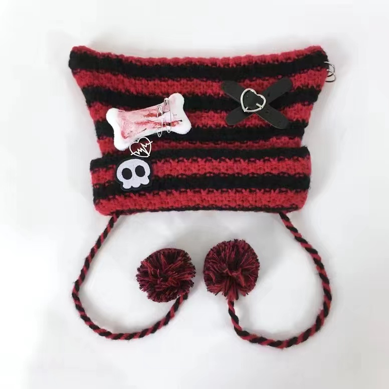 Mũ Dệt Kim Đính Quả Bông Họa Tiết Kẻ Sọc Phong Cách Harajuku Dễ Thương Thời Trang Thu Đông Cho Nữ Y2k