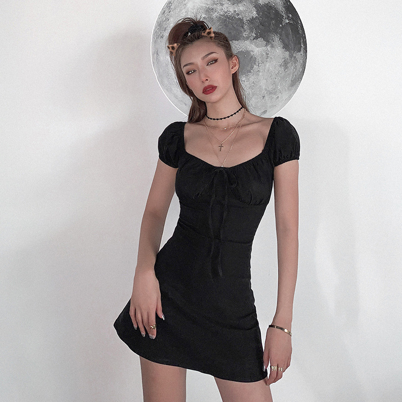 Klalien Đầm Mini Tay Phồng Màu Đen Đơn Giản Thời Trang Mùa Hè Dành Cho Nữ | BigBuy360 - bigbuy360.vn
