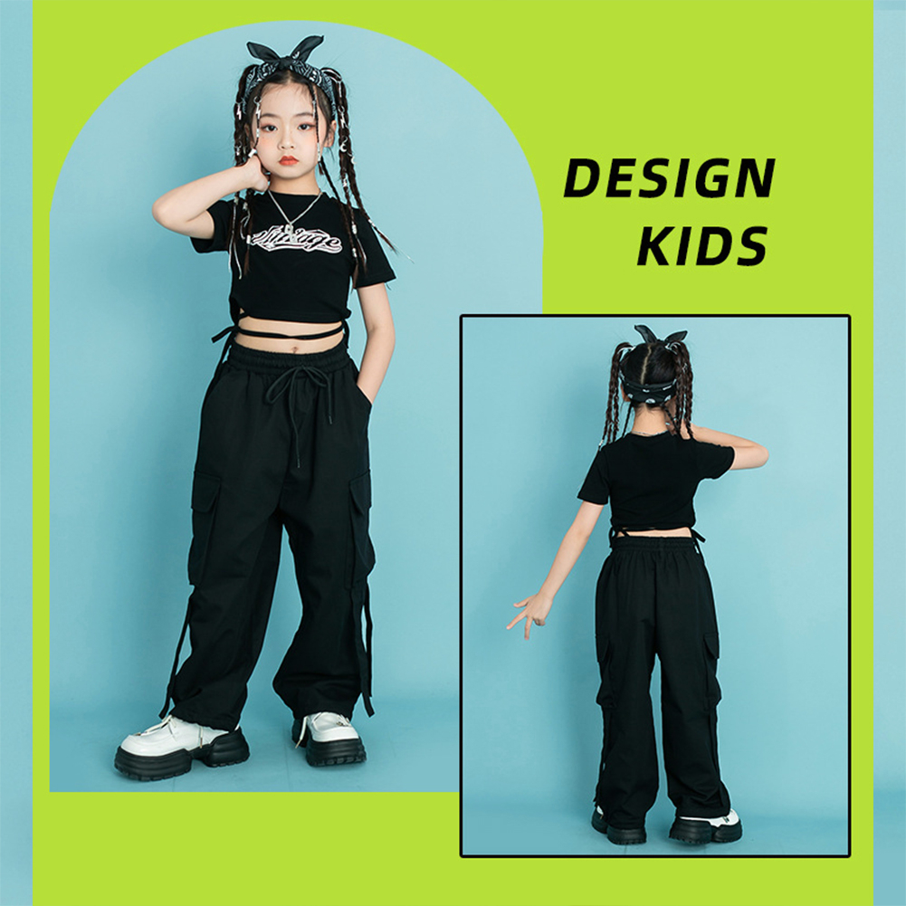 Bộ Trang Phục Áo Croptop + Quần Dài Họa Tiết Rằn Ri Phong Cách Hip hop Đường Phố Màu Đen / Xanh Lá / Hồng Dành Cho Bé Gái
