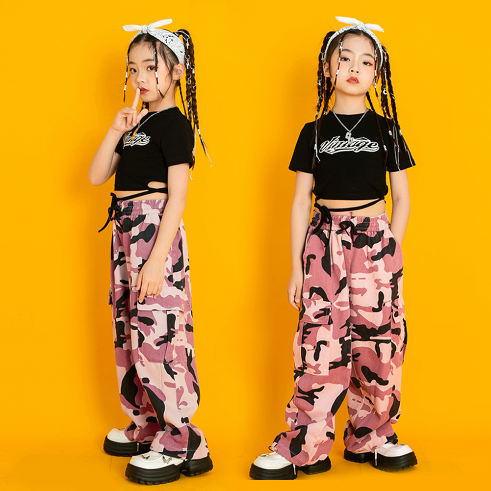 Bộ Trang Phục Áo Croptop + Quần Dài Họa Tiết Rằn Ri Phong Cách Hip hop Đường Phố Màu Đen / Xanh Lá / Hồng Dành Cho Bé Gái