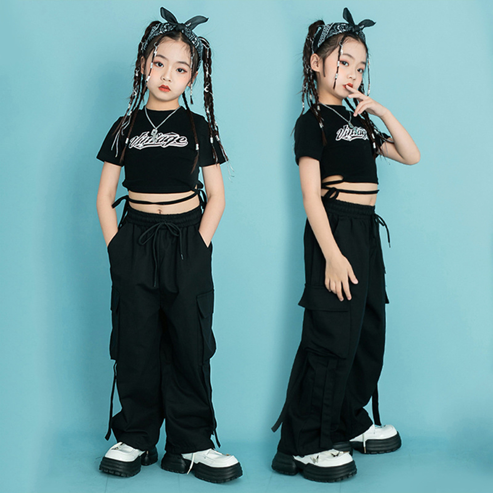 Bộ Trang Phục Áo Croptop + Quần Dài Họa Tiết Rằn Ri Phong Cách Hip hop Đường Phố Màu Đen / Xanh Lá / Hồng Dành Cho Bé Gái