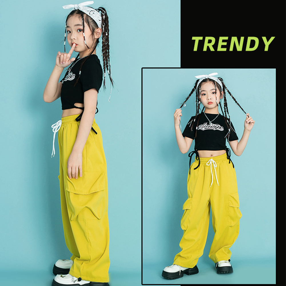 Bộ Trang Phục Áo Croptop + Quần Dài Họa Tiết Rằn Ri Phong Cách Hip hop Đường Phố Màu Đen / Xanh Lá / Hồng Dành Cho Bé Gái