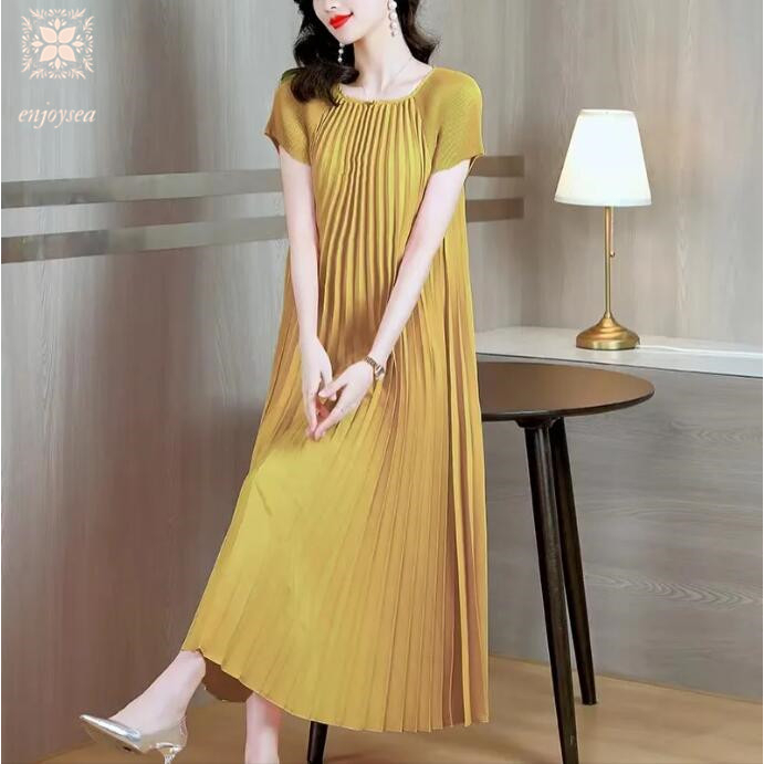 Đầm Tay Ngắn Cổ Tròn Dáng Rộng Màu Hồng Thời Trang Mùa Hè Cho Nữ Issey Miyake