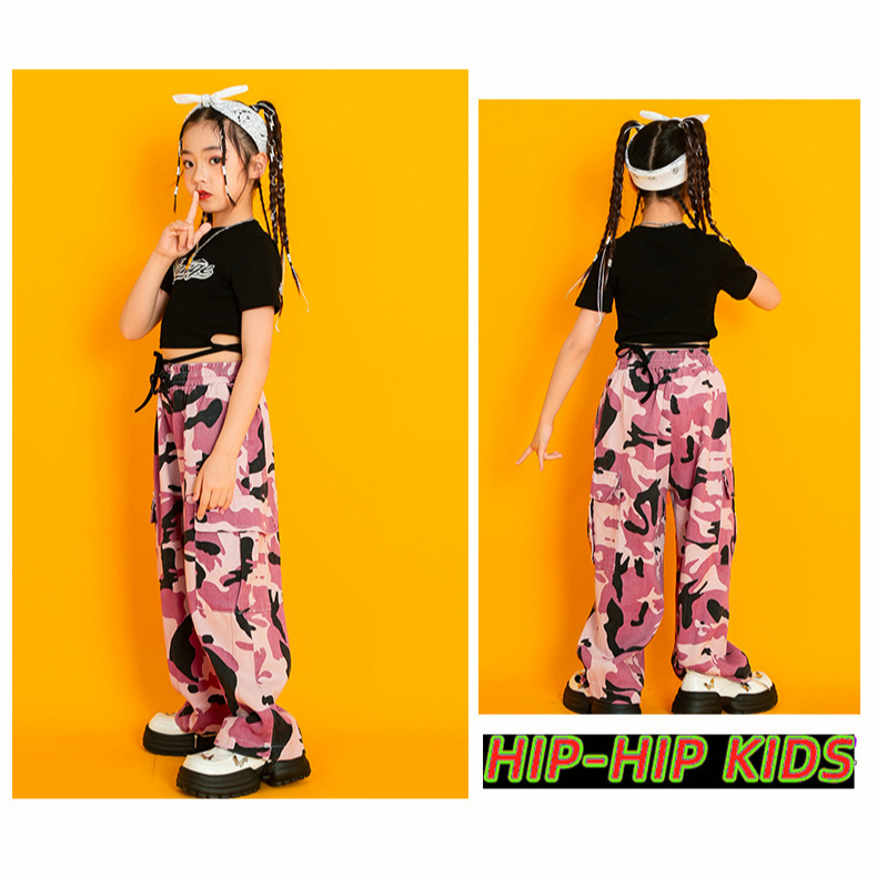 Bộ Trang Phục Áo Croptop + Quần Dài Họa Tiết Rằn Ri Phong Cách Hip hop Đường Phố Màu Đen / Xanh Lá / Hồng Dành Cho Bé Gái